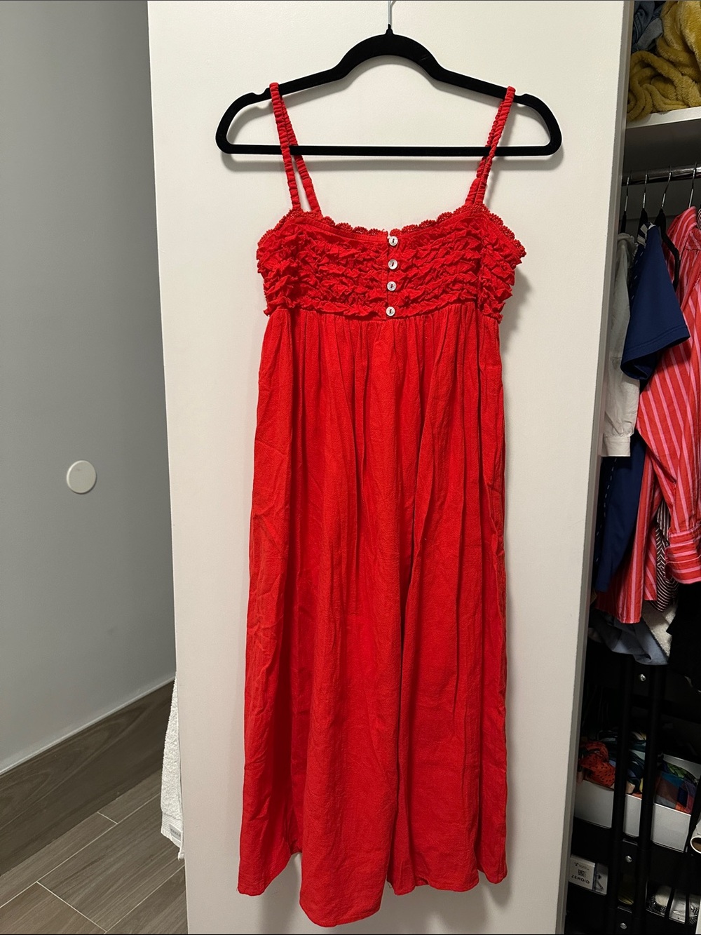 Red Ruffle Bodice Spaghetti Strap Maxi Dress